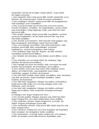 mengamalkan hak-hak dan kewajiban sebagai individu, warga sekolah,
dan anggota masyarakat
c. Guru mengetahui bahwa setiap peserta didik memiliki karakteristik secara
individual dan masing-masingnya berhak atas layanan pembelajaran.
d. Guru menghimpun informasi tentang peserta didik dan menggunakannya
untuk kepentingan proses kependidikan.
e. Guru secara perseorangan atau bersama-sama secara terus-menerus
berusaha menciptakan, memelihara, dan mengembangkan suasana sekolah
yang menyenangkan sebagai lingkungan belajar yang efektif dan efisien
bagi peserta didik.
f. Guru menjalin hubungan dengan peserta didik yang dilandasi rasa kasih
sayang dan menghindarkan diri dari tindak kekerasan fisik yang di luar
batas kaidah pendidikan.
g. Guru berusaha secara manusiawi untuk mencegah setiap gangguan yang
dapat mempengaruhi perkembangan negatif bagi peserta didik.
h. Guru secara langsung mencurahkan usaha-usaha profesionalnya untuk
membantu peserta didik dalam mengembangkan keseluruhan
kepribadiannya, termasuk kemampuannya untuk berkarya.
i. Guru menjunjung tinggi harga diri, integritas, dan tidak sekali-kali
merendahkan martabat peserta didiknya.
j. Guru bertindak dan memandang semua tindakan peserta didiknya secara
adil.
k. Guru berperilaku taat asas kepada hukum dan menjunjung tinggi
kebutuhan dan hak-hak peserta didiknya.
l. Guru terpanggil hati nurani dan moralnya untuk secara tekun dan penuh
perhatian bagi pertumbuhan dan perkembangan peserta didiknya.
m. Guru membuat usaha-usaha yang rasional untuk melindungi peserta
didiknya dari kondisi-kondisi yang menghambat proses belajar,
menimbulkan gangguan kesehatan, dan keamanan.
n. Guru tidak boleh membuka rahasia pribadi serta didiknya untuk alasanalasan
yang tidak ada kaitannya dengan kepentingan pendidikan, hukum,
kesehatan, dan kemanusiaan.
o. Guru tidak boleh menggunakan hubungan dan tindakan profesionallnya
kepada peserta didik dengan cara-cara yang melanggar norma sosial,
kebudayaan, moral, dan agama.
p. Guru tidak boleh menggunakan hubungan dan tindakan profesional
dengan peserta didiknya untuk memperoleh keuntungan-keuntungan
pribadi.
(2) Hubungan Guru dengan Orangtua/wali Siswa :
a. Guru berusaha membina hubungan kerjasama yang efektif dan efisien
dengan Orangtua/Wali siswa dalam melaksannakan proses pedidikan.
b. Guru mrmberikan informasi kepada Orangtua/wali secara jujur dan
objektif mengenai perkembangan peserta didik.
c. Guru merahasiakan informasi setiap peserta didik kepada orang lain yang
bukan orangtua/walinya.
d. Guru memotivasi orangtua/wali siswa untuk beradaptasi dan berpatisipasi
dalam memajukan dan meningkatkan kualitas pendidikan.
e. Guru berkomunikasi secara baik dengan orangtua/wali siswa mengenai
kondisi dan kemajuan peserta didik dan proses kependidikan pada
 