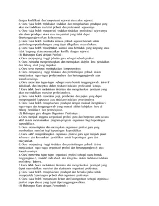 dengan kualifikasi dan kompetensi sejawat atau calon sejawat.
n. Guru tidak boleh melakukan tindakan dan mengeluarkan pendapat yang
akan merendahkan martabat pribadi dan profesional sejawatnya
o. Guru tidak boleh mengoreksi tindakan-tindakan profesional sejawatnya
atas dasar pendapat siswa atau masyarakat yang tidak dapat
dipertanggungjawabkan kebenarnya.
p. Guru tidak boleh membuka rahasia pribadi sejawat kecuali untuk
pertimbangan-pertimbangan yang dapat dilegalkan secara hukum.
q. Guru tidak boleh menciptakan kondisi atau bertindak yang langsung atau
tidak langsung akan memunculkan konflik dengan sejawat.
(4) Hubungan Guru dengan Profesi :
a. Guru menjunjung tinggi jabatan guru sebagai sebuah profesi
b. Guru berusaha mengembangkan dan memajukan disiplin ilmu pendidikan
dan bidang studi yang diajarkan
c. Guru terus menerus meningkatkan kompetensinya
d. Guru menjunjung tinggi tindakan dan pertimbangan pribadi dalam
menjalankan tugas-tugas profesionalnya dan bertanggungjawab atas
konsekuensiinya.
e. Guru menerima tugas-tugas sebagai suatu bentuk tanggungjawab, inisiatif
individual, dan integritas dalam tindkan-tindakan profesional lainnya.
f. Guru tidak boleh melakukan tindakan dan mengeluarkan pendapat yang
akan merendahkan martabat profesionalnya.
g. Guru tidak boleh menerima janji, pemberian dan pujian yang dapat
mempengaruhi keputusan atau tindakan-tindakan proesionalnya
h. Guru tidak boleh mengeluarkan pendapat dengan maksud menghindari
tugas-tugas dan tanggungjawab yang muncul akibat kebijakan baru di
bidang pendidikan dan pembelajaran.
(5) Hubungan guru dengan Organisasi Profesinya :
a. Guru menjadi anggota aorganisasi profesi guru dan berperan serta secara
aktif dalam melaksanakan program-program organisasi bagi kepentingan
kependidikan.
b. Guru memantapkan dan memajukan organisasi profesi guru yang
memberikan manfaat bagi kepentingan kependidikan
c. Guru aktif mengembangkan organisasi profesi guru agar menjadi pusat
informasi dan komunikasi pendidikan untuk kepentingan guru dan
masyarakat.
d. Guru menjunjung tinggi tindakan dan pertimbangan pribadi dalam
menjalankan tugas-tugas organisasi profesi dan bertanggungjawab atas
konsekuensinya.
e. Guru menerima tugas-tugas organisasi profesi sebagai suatu bentuk
tanggungjawab, inisiatif individual, dan integritas dalam tindakan-tindakan
profesional lainnya.
f. Guru tidak boleh melakukan tindakan dan mengeluarkan pendapat yang
dapat merendahkan martabat dan eksistensis organisasi profesinya.
g. Guru tidak boleh mengeluarkan pendapat dan bersaksi palsu untuk
memperoleh keuntungan pribadi dari organisasi profesinya.
h. Guru tidak boleh menyatakan keluar dari keanggotaan sebagai organisasi
profesi tanpa alasan yang dapat dipertanggungjawabkan.
(6) Hubungan Guru dengan Pemerintah :
 