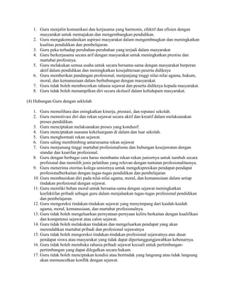 1. Guru menjalin komunikasi dan kerjasama yang harmonis, efektif dan efisien dengan
      masyarakat untuk memajukan dan mengembangkan pendidikan.
   2. Guru mengakomodasikan aspirasi masyarakat dalam mengembnagkan dan meningkatkan
      kualitas pendidikan dan pembelajaran.
   3. Guru peka terhadap perubahan-perubahan yang terjadi dalam masyarakat
   4. Guru berkerjasama secara arif dengan masyarakat untuk meningkatkan prestise dan
      martabat profesinya.
   5. Guru melakukan semua usaha untuk secara bersama-sama dengan masyarakat berperan
      aktif dalam pendidikan dan meningkatkan kesejahteraan peserta didiknya
   6. Guru memberikan pandangan profesional, menjunjung tinggi nilai-nilai agama, hukum,
      moral, dan kemanusiaan dalam berhubungan dengan masyarakat.
   7. Guru tidak boleh membocorkan rahasia sejawat dan peserta didiknya kepada masyarakat.
   8. Guru tidak boleh menampilkan diri secara ekslusif dalam kehidupam masyarakat.

(4) Hubungan Guru dengan seklolah

   1. Guru memelihara dan eningkatkan kinerja, prestasi, dan reputasi sekolah.
   2. Guru memotivasi diri dan rekan sejawat secara aktif dan kreatif dalam melaksanakan
       proses pendidikan.
   3. Guru menciptakan melaksanakan proses yang kondusif.
   4. Guru menciptakan suasana kekeluargaan di dalam dan luar sekolah.
   5. Guru menghormati rekan sejawat.
   6. Guru saling membimbing antarsesama rekan sejawat
   7. Guru menjunung tinggi martabat profesionalisme dan hubungan kesejawatan dengan
       standar dan kearifan profesional.
   8. Guru dengan berbagai cara harus membantu rekan-rekan juniornya untuk tumbuh secara
       profsional dan memilih jenis pelatihan yang relevan dengan tuntutan profesionalitasnya.
   9. Guru menerima otoritas kolega seniornya untuk mengekspresikan pendapat-pendapat
       profesionalberkaitan dengan tugas-tugas pendidikan dan pembelajaran
   10. Guru membasiskan diri pada nilai-nilai agama, moral, dan kemanusiaan dalam setiap
       tindakan profesional dengan sejawat.
   11. Guru memliki beban moral untuk bersama-sama dengan sejawat meningkatkan
       keefektifan pribadi sebagai guru dalam menjalankan tugas-tugas profesional pendidikan
       dan pembelajaran.
   12. Guru mengoreksi tindakan-tindakan sejawat yang menyimpang dari kaidah-kaidah
       agama, moral, kemanusiaan, dan martabat profesionalnya.
   13. Guru tidak boleh mengeluarkan pernyataan-pernyaan keliru berkaitan dengan kualifikasi
       dan kompetensi sejawat atau calon sejawat.
   14. Guru tidak boleh melakukan tindakan dan mengeluarkan pendapat yang akan
       merendahkan martabat pribadi dan profesional sejawatnya
   15. Guru tidak boleh mengoreksi tindakan-tindakan profesional sejawatnya atas dasar
       pendapat siswa atau masyarakat yang tidak dapat dipertanggungjawabkan kebenarnya.
   16. Guru tidak boleh membuka rahasia pribadi sejawat kecuali untuk pertimbangan-
       pertimbangan yang dapat dilegalkan secara hukum.
   17. Guru tidak boleh menciptakan kondisi atau bertindak yang langsung atau tidak langsung
       akan memunculkan konflik dengan sejawat.
 