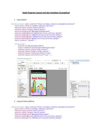 Kode Program Layout xml dan tampilan UI graphical
1. Layout Splash
<RelativeLayout xmlns:android="http://schemas.android.com/apk/res/android"
xmlns:tools="http://schemas.android.com/tools"
android:layout_width="match_parent"
android:layout_height="match_parent"
android:background="@drawable/background"
android:paddingBottom="@dimen/activity_vertical_margin"
android:paddingLeft="@dimen/activity_horizontal_margin"
android:paddingRight="@dimen/activity_horizontal_margin"
android:paddingTop="@dimen/activity_vertical_margin"
tools:context=".Splash" >
<ProgressBar
android:id="@+id/progressBar1"
style="?android:attr/progressBarStyleLarge"
android:layout_width="wrap_content"
android:layout_height="wrap_content"
android:layout_centerHorizontal="true"
android:layout_centerVertical="true" />
</RelativeLayout>
2. Layout Isi Kamus (Menu)
<RelativeLayout xmlns:android="http://schemas.android.com/apk/res/android"
xmlns:tools="http://schemas.android.com/tools"
android:layout_width="match_parent"
android:layout_height="match_parent"
android:background="@drawable/menuutama"
android:paddingBottom="@dimen/activity_vertical_margin"
android:paddingLeft="@dimen/activity_horizontal_margin"
 