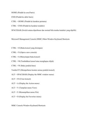 HOME (Pindah ke awal baris)
END (Pindah ke akhir baris)
CTRL + HOME (Pindah ke karakter pertama)
CTRL + END (Pindah ke karakter terakhir)
SPACEBAR (Switch antara diperbesar dan normal bila modus karakter yang dipilih)
Microsoft Management Console (MMC) Main Window Keyboard Shortcuts
CTRL + O (Buka konsol yang disimpan)
CTRL + N (Open a new console)
CTRL + S (Menyimpan buka konsol)
CTRL + M (Tambahkan konsol atau menghapus objek)
CTRL + W (Buka jendela baru)
Tombol F5 (Memperbarui konten semua jendela konsol)
ALT + SPACEBAR (Display the MMC window menu)
ALT + F4 (Close konsol)
ALT + A (Display the Action menu)
ALT + V (Tampilan menu View)
ALT + F (Menampilkan menu File)
ALT + O (Display the Favorites menu)
MMC Console Window Keyboard Shortcuts
 