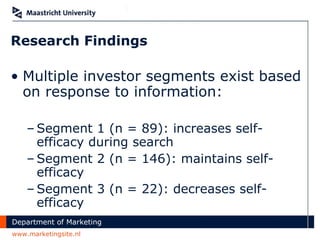 Research Findings Multiple investor segments exist based on response to information:  Segment 1 (n = 89): increases self-efficacy during search Segment 2 (n = 146): maintains self-efficacy Segment 3 (n = 22): decreases self-efficacy 