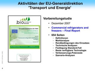 ArGe                     Aktivitäten der EU-Generaldirektion
Kälte
                               'Transport und Energie'

                                      Vorbereitungstudie
                                         ●   Dezember 2007
                                         ●   Commercial refrigerators and
                                             freezers – Final Report
                                         ●   654 Seiten
                                              –   Definitionen
                                              –   Marktanalyse
                                              –   Randbedingungen des Einsatzes
                                              –   Technische Analysen
                                              –   Festlegung Standard-Fall
                                              –   Beste verfügbare Technologie
2009-12-08 Berlin, BMU




                                              –   Verbesserungs-Potenziale
                                              –   Szenario-Analysen




4
 