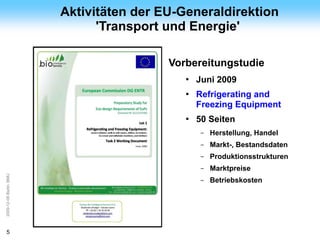 ArGe                     Aktivitäten der EU-Generaldirektion
Kälte
                               'Transport und Energie'

                                          Vorbereitungstudie
                                             ●   Juni 2009
                                             ●   Refrigerating and
                                                 Freezing Equipment
                                             ●   50 Seiten
                                                  –   Herstellung, Handel
                                                  –   Markt-, Bestandsdaten
                                                  –   Produktionsstrukturen
                                                  –   Marktpreise
2009-12-08 Berlin, BMU




                                                  –   Betriebskosten




5
 