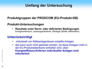 ArGe
Kälte                                     Umfang der Untersuchung


                         Produktgruppen der PRODCOM (EU-Produkt-DB)

                         Produkt-Untersuchungen
                            ●   Resultate unter Norm- oder definierten Bedingungen
                                Energieverbrauch, Leistungsaufnahme, Ökologie (Stoffe, Materialien)

                         Unberücksichtigt
                            ●    individuell von Kälteanlagenbauer erstellte Anlagen
                            ●   das kann auch nicht geleistet werden, da diese Anlagen nicht in
                                der EU-Produktdatenbank enthalten sind, aber:
2009-12-08 Berlin, BMU




                                Energieeffizienz-Kriterien individueller Anlagen sind
                                erforderlich



8
 