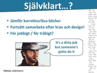 Självklart…?
  • Jämför korrekturläsa böcker
  • Fortsätt samarbeta efter krav och design!
  • För jobbigt / för tråkigt?

                            It’s a dirty job
                            but someone’s
                              gotta do it



Mattias Jiderhamn
 