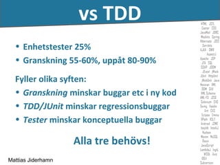 vs TDD
  • Enhetstester 25%
  • Granskning 55-60%, uppåt 80-90%

  Fyller olika syften:
  • Granskning minskar buggar etc i ny kod
  • TDD/JUnit minskar regressionsbuggar
  • Tester minskar konceptuella buggar

                    Alla tre behövs!
Mattias Jiderhamn
 