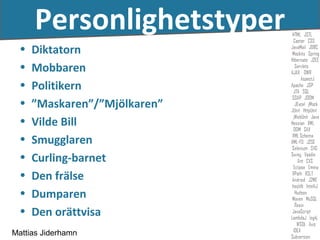 Personlighetstyper
 •   Diktatorn
 •   Mobbaren
 •   Politikern
 •   ”Maskaren”/”Mjölkaren”
 •   Vilde Bill
 •   Smugglaren
 •   Curling-barnet
 •   Den frälse
 •   Dumparen
 •   Den orättvisa
Mattias Jiderhamn
 