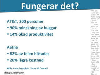Fungerar det?
  AT&T, 200 personer
  • 90% minskning av buggar
  • 14% ökad produktivitet

  Aetna
  • 82% av felen hittades
  • 20% lägre kostnad
  Källa: Code Complete, Steve McConnell
Mattias Jiderhamn
 