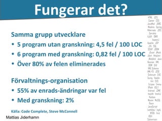 Fungerar det?
  Samma grupp utvecklare
  • 5 program utan granskning: 4,5 fel / 100 LOC
  • 6 program med granskning: 0,82 fel / 100 LOC
  • Över 80% av felen eliminerades

  Förvaltnings-organisation
  • 55% av enrads-ändringar var fel
  • Med granskning: 2%
  Källa: Code Complete, Steve McConnell
Mattias Jiderhamn
 