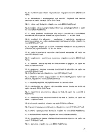 1.2.29. mundësimi ose detyrimi në prostitucion, në pajtim me nenin 240 të Kodit
Penal;

1.2.30. transplantimi i kundërligjshëm dhe trafikimi i organeve dhe qelizave
njerëzore, në pajtim me nenin 264 të Kodit Penal;

1.2.31. ndotja e ujit të pijshëm, në pajtim me nenin 269 të Kodit Penal;

1.2.32. ndotja e artikujve ushqimorë që përdoren nga njerëzit apo kafshët, në pajtim
me nenin 270 të Kodit Penal;

1.2.33. blerja, posedimi, shpërndarja dhe shitja e paautorizuar e narkotikëve,
substancave psikotrope dhe analoge, në pajtim me nenin 272 të Kodit Penal;

1.2.34. prodhimi dhe përpunimi i paautorizuar i narkotikëve, substancave
psikotrope, analoge apo veglave, pajisjeve apo materialeve narkotike, në pajtim me
nenin 273 të Kodit Penal;

1.2.35. organizimi, drejtimi apo financimi i trafikimit të narkotikëve apo substancave
psikotrope, në pajtim me nenin 278 të Kodit Penal;

1.2.36. cenimi i barazisë në ushtrimin e veprimtarisë ekonomike, në pajtim me
nenin 283 të Kodit Penal;

1.2.37. keqpërdorimi i autorizimeve ekonomike, në pajtim me nenin 289 të Kodit
Penal;

1.2.38. falsifikimi i letrave me vlerë dhe instrumenteve të pagesës, në pajtim me
nenin 292 të Kodit Penal;

1.2.39. organizimi i skemave piramidale dhe bixhozit të paligjshëm, në pajtim me
nenin 299 të Kodit Penal;
1.2.40. falsifikimi i parasë, në pajtim me nenin 301 të Kodit Penal;

1.2.41. Prodhimi, furnizimi, shitja, posedimi ose dhënia në shfrytëzim e mjeteve për
falsifikim, në pajtim me nenin 303 të Kodit Penal;

1.2.42. shpërlarja e parave, në pajtim me nenin 307 të Kodit Penal;

1.2.43. marrëveshjet për kufizimin e konkurrencës përmes ftesave për tender, në
pajtim me nenin 308 të Kodit Penal;

1.2.44. mashtrimi në shkëmbimin e letrave me vlerë, në pajtim me nenin 309 të
Kodit Penal;

1.2.45. marrëveshja dhe mashtrimi me letrat me vlerë të Qeverisë, në pajtim me
nenin 311 të Kodit Penal;

1.2.46. shmangia nga tatimi, në pajtim me nenin 312 të Kodit Penal;

1.2.47. pranimi i paarsyeshëm i dhuratave, në pajtim me nenin 314 të Kodit Penal;

1.2.48. dhënia e paarsyeshme e dhuratave, në pajtim me nenin 315 të Kodit Penal;

1.2.49. kontrabandimi i mallrave, në pajtim me nenin 316 të Kodit Penal;

1.2.50. shmangia nga pagesa e tarifave të detyrueshme doganore, në pajtim me
nenin 317 të Kodit Penal;

1.2.51. zjarrvënia, në pajtim me nenin 333 të Kodit Penal;

                                                                                   36
 