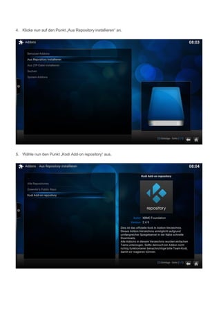 4. Klicke nun auf den Punkt „Aus Repository installieren“ an.
5. Wähle nun den Punkt „Kodi Add-on repository“ aus.
 