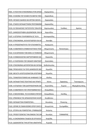 Π041. Η ΠΟΛΙΤΙΚΗ ΕΠΙΚΟΙΝΩΝΙΑ ΣΤΗΝ ΑΡΧΑΙΟ… Καραμπάτος
Π042. Η ΕΙΚΟΝΑ ΤΟΥ ΙΣΛΑΜ ΣΤΑ ΜΑΤΙΑ ΤΩΝ Β… Καρατόλιος
Π070. ΨΕΥΔΕΙΣ ΕΙΔΗΣΕΙΣ ΚΑΙ ΚΡΙΤΙΚΗ ΣΚΕΨΗ… Καρκανάκη
Π181. ΣΤΑΣΕΙΣ ΕΚΠΑΙΔΕΥΤΙΚΩΝ ΠΡΩΤΟΒΑΘΜΙΑΣ…Καρκανίδης
Π233. ΟΙ ΠΟΛΛΑΠΛΕΣ ΤΑΥΤΟΤΗΤΕΣ ΤΩΝ ΕΡΓΑΖΟ…Καρτσωνάκη Ξανθάκη Αρσένη
Π075. ΔΗΜΟΣΙΟΓΡΑΦΙΑ ΔΕΔΟΜΕΝΩΝ: ΜΙΑ ΝΕΑ Μ…Καρυπίδου
Π107. Η ΙΣΤΟΡΙΚΗ ΠΛΗΡΟΦΟΡΙΑ ΣΕ ΤΑΞΗ… Κατσαραπίδης
Π033. ΕΠΙΚΟΙΝΩΝΙΑ, ΑΛΛΗΛΕΠΙΔΡΑΣΗ ΚΑΙ ΚΟΙ… Κατσίφη
Π234. Η ΠΡΟΣΩΠΙΚΟΤΗΤΑ ΤΟΥ ΕΓΚΛΗΜΑΤΙΑ… Κεραμιώτη
Π108. Η ΕΦΑΡΜΟΓΗ ΣΥΜΒΟΥΛΕΥΤΙΚΗΣ ΥΠΟΣΤΗΡΙ…Κλημεντιώτη Παπαπέτρου
Π162. Η ΑΞΙΟΠΟΙΗΣΗ ΤΩΝ WEB 2.0 ΤΕΧΝΟΛΟΓΙ… Κλημεντιώτη
Π130. Η ΕΝΝΟΙΟΛΟΓΙΚΗ ΧΑΡΤΟΓΡΑΦΗΣΗ ΚΑΙ ΟΙ… Κογκούλη
Π071. Η ΥΛΟΠΟΙΗΣΗ ΤΟΥ ΣΧΕΔΙΟΥ ΚΙΝΗΤΙΚΟΤΗ… Κοκοτσάκη
Π239. ΕΠΙΚΟΙΝΩΝΙΑ ΔΙΕΥΘΥΝΤΩΝ ΚΑΙ ΕΚΠΑΙΔΕ…Κολλιόπουλος
Π068. ΠΡΟΚΛΗΣΕΙΣ ΓΙΑ ΤΟΥΣ ΔΗΜΟΣΙΟΥΣ ΦΟΡΕ… Κομσέλη
Π200. ΜΕΛΕΤΗ ΑΠΟΤΕΛΕΣΜΑΤΩΝ ΑΠΟΤΙΜΗΣΗΣ ΤΟ…Κομσέλη
Π251. ΤΕΧΝΟΠΟΛΙΤΙΣΜΟΣ ΚΑΙ ΨΗΦΙΑΚΕΣ ΤΕΧΝΕ… Κόνδης
Π109. ΕΚΠΑΙΔΕΥΤΙΚΕΣ ΠΟΛΙΤΙΚΕΣ ΚΑΙ ΠΡΑΚΤΙ… Κόντη Σιφακάκης Τσατσαρώνη
Π240. Η ΕΠΙΔΡΑΣΗ ΤΩΝ ΔΙΑΠΡΟΣΩΠΙΚΩΝ ΣΧΕΣΕ… Κοροτζίδης Συμεού Μεραμβελιωτάκης
Π209. Η ΕΦΑΡΜΟΓΗ ΤΟΥ ΠΡΟΓΡΑΜΜΑΤΟΣ ΠΑΡΑΛΛ…Κοσμαδάκη
Π225. Η ΜΕΙΟΨΗΦΙΑ. ΤΟ ΕΛΛΗΝΙΚΟ ΣΥΝΤΑΓΜΑΤ…Κοσμαδάκης Λαπίδης
Π252. ΕΡΜΗΝΕΙΑ ΤΗΣ ΑΡΧΑΙΟΛΟΓΙΚΗΣ ΚΛΗΡΟΝΟ…Κουβάτσου
Π303. ΕΚΠΑΙΔΕΥΤΙΚΗ ΡΟΜΠΟΤΙΚΗ… Κουκάκης Ρονιώτης
Π163. ΖΟΥΜΕ ΣΕ ΕΝΑΝ ΚΟΣΜΟ ΟΠΟΥ ΟΛΕΣ ΟΙ Π…Κουμούτση Σωτηριάδου
Π131. ΙΣΤΟΡΙΑ ΚΑΙ ΡΟΜΠΟΤΙΚΗ. ΣΥΜΒΑΔΙΖΟΝΤ… Κούρτης
Π132. ΠΡΟΣΕΓΓΙΖΟΝΤΑΣ ΤΗΝ ΕΝΝΟΙΑ ΤΗΣ ΟΙΚΟ… Κουσέρη ΓΙΑΝΝΑΡΑΣ
Π051. Η ΟΙΚΟΝΟΜΙΚΗ ΠΑΙΔΕΙΑ ΩΣ ΕΡΓΑΛΕΙΟ Ε… Κοψιδάς
Π133. ΔΙΔΑΣΚΟΝΤΑΣ ΤΗΝ ΟΠΤΙΚΗ ΑΝΑΠΗΡΙΑ ΣΤ… Κυριαζή
 