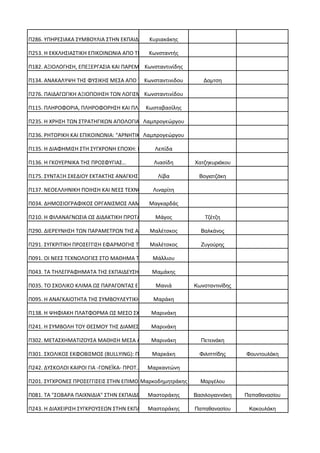 Π286. ΥΠΗΡΕΣΙΑΚΑ ΣΥΜΒΟΥΛΙΑ ΣΤΗΝ ΕΚΠΑΙΔΕΥ… Κυριακάκης
Π253. Η ΕΚΚΛΗΣΙΑΣΤΙΚΗ ΕΠΙΚΟΙΝΩΝΙΑ ΑΠΟ ΤΗ… Κωνσταντής
Π182. ΑΞΙΟΛΟΓΗΣΗ, ΕΠΕΞΕΡΓΑΣΙΑ ΚΑΙ ΠΑΡΕΜΒ…Κωνσταντινίδης
Π134. ΑΝΑΚΑΛΥΨΗ ΤΗΣ ΦΥΣΙΚΗΣ ΜΕΣΑ ΑΠΟ ΤΗΝ…Κωνσταντινιδου Δαμτση
Π276. ΠΑΙΔΑΓΩΓΙΚΗ ΑΞΙΟΠΟΙΗΣΗ ΤΩΝ ΛΟΓΙΣΜΙ…Κωνσταντινίδου
Π115. ΠΛΗΡΟΦΟΡΙΑ, ΠΛΗΡΟΦΟΡΗΣΗ ΚΑΙ ΠΛΗΡΟΦ…Κωσταβασίλης
Π235. Η ΧΡΗΣΗ ΤΩΝ ΣΤΡΑΤΗΓΙΚΩΝ ΑΠΟΛΟΓΙΑΣ…Λαμπρογεώργου
Π236. ΡΗΤΟΡΙΚΗ ΚΑΙ ΕΠΙΚΟΙΝΩΝΙΑ: "ΑΡΝΗΤΙΚ…Λαμπρογεώργου
Π135. Η ΔΙΑΦΗΜΙΣΗ ΣΤΗ ΣΥΓΧΡΟΝΗ ΕΠΟΧΗ: ΜΙ… Λεπίδα
Π136. Η ΓΚΟΥΕΡΝΙΚΑ ΤΗΣ ΠΡΟΣΦΥΓΙΑΣ… Λιασίδη Χατζηκυριάκου
Π175. ΣΥΝΤΑΞΗ ΣΧΕΔΙΟΥ ΕΚΤΑΚΤΗΣ ΑΝΑΓΚΗΣ Σ… Λίβα Βογιατζάκη
Π137. ΝΕΟΕΛΛΗΝΙΚΗ ΠΟΙΗΣΗ ΚΑΙ ΝΕΕΣ ΤΕΧΝΟΛ… Λιναρίτη
Π034. ΔΗΜΟΣΙΟΓΡΑΦΙΚΟΣ ΟΡΓΑΝΙΣΜΟΣ ΛΑΜΠΡΑΚ…Μαγκαρδάς
Π210. Η ΦΙΛΑΝΑΓΝΩΣΙΑ ΩΣ ΔΙΔΑΚΤΙΚΗ ΠΡΟΤΑΣ… Μάγος Τζέτζη
Π290. ΔΙΕΡΕΥΝΗΣΗ ΤΩΝ ΠΑΡΑΜΕΤΡΩΝ ΤΗΣ ΑΠΟΤ…Μαλέτσκος Βαλκάνος
Π291. ΣΥΓΚΡΙΤΙΚΗ ΠΡΟΣΕΓΓΙΣΗ ΕΦΑΡΜΟΓΗΣ ΤΗ… Μαλέτσκος Ζυγούρης
Π091. ΟΙ ΝΕΕΣ ΤΕΧΝΟΛΟΓΙΕΣ ΣΤΟ ΜΑΘΗΜΑ ΤΗΣ… Μάλλιου
Π043. ΤΑ ΤΗΛΕΓΡΑΦΗΜΑΤΑ ΤΗΣ ΕΚΠΑΙΔΕΥΣΗΣ Ω… Μαμάκης
Π035. ΤΟ ΣΧΟΛΙΚΟ ΚΛΙΜΑ ΩΣ ΠΑΡΑΓΟΝΤΑΣ ΕΝΙ… Μανιά Κωνσταντινίδης
Π095. Η ΑΝΑΓΚΑΙΟΤΗΤΑ ΤΗΣ ΣΥΜΒΟΥΛΕΥΤΙΚΗΣ… Μαράκη
Π138. Η ΨΗΦΙΑΚΗ ΠΛΑΤΦΟΡΜΑ ΩΣ ΜΕΣΟ ΣΧΕΔΙΑ…Μαρινάκη
Π241. Η ΣΥΜΒΟΛΗ ΤΟΥ ΘΕΣΜΟΥ ΤΗΣ ΔΙΑΜΕΣΟΛΑ…Μαρινάκη
Π302. ΜΕΤΑΣΧΗΜΑΤΙΖΟΥΣΑ ΜΑΘΗΣΗ ΜΕΣΑ ΑΠΟ Τ…Μαρινάκη Πετεινάκη
Π301. ΣΧΟΛΙΚΟΣ ΕΚΦΟΒΙΣΜΟΣ (BULLYING): ΠΟ… Μαρκάκη Φιλιππίδης Φουντουλάκη
Π242. ΔΥΣΚΟΛΟΙ ΚΑΙΡΟΙ ΓΙΑ -ΓΟΝΕΪΚΑ- ΠΡΟΤ… Μαρκαντώνη
Π201. ΣΥΓΧΡΟΝΕΣ ΠΡΟΣΕΓΓΙΣΕΙΣ ΣΤΗΝ ΕΠΙΜΟΡ…Μαρκοδημητράκης Μαργέλου
Π081. ΤΑ "ΣΟΒΑΡΑ ΠΑΙΧΝΙΔΙΑ" ΣΤΗΝ ΕΚΠΑΙΔΕ… Μαστοράκης Βασιλογιαννάκη Παπαθανασίου
Π243. Η ΔΙΑΧΕΙΡΙΣΗ ΣΥΓΚΡΟΥΣΕΩΝ ΣΤΗΝ ΕΚΠΑ… Μαστοράκης Παπαθανασίου Κακουλάκη
 