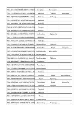 Π212. ΣΧΟΛΙΚΟΣ ΕΚΦΟΒΙΣΜΟΣ ΚΑΙ Η ΣΥΝΔΕΣΗ… Νικηφόρου Παπαγεώργη
Π082. ΟΠΤΙΚΟΑΚΟΥΣΤΙΚΑ ΜΕΣΑ ΕΠΙΚΟΙΝΩΝΙΑΣ… Νικολάου Ποδάρα Καρυπίδου
Π083. Η (ΜΗ ΛΕΚΤΙΚΗ) ΕΠΙΚΟΙΝΩΝΙΑ ΚΑΙ Η Χ… Νικολάου Καλλιρης
Π213. Η ΑΞΙΟΛΟΓΗΣΗ ΤΟΥ ΟΡΓΑΝΩΤΙΚΟΥ ΚΛΙΜΑ… Νικολάου
Π072. Η ΕΠΙΔΡΑΣΗ ΤΩΝ ΜΜΕ ΣΤΗ ΔΙΑΜΟΡΦΩΣΗ… Νοβάκος
Π185. ΔΥΝΑΤΟΤΗΤΕΣ ΕΠΑΓΓΕΛΜΑΤΙΚΗΣ ΑΠΑΣΧΟΛ…Νοτάκης
Π186. Η ΣΥΜΒΟΛΗ ΤΟΥ ΠΑΡΑΜΥΘΙΟΥ ΣΤΗ ΣΥΜΠΕ…Ντούλια
Π214. ΔΙΓΛΩΣΣΙΑ ΚΑΙ ΠΟΛΥΓΛΩΣΣΙΑ ΣΤΑ ΕΛΛΗ… Ξανθοπούλου Καραμανλή
Π237. ΟΙ ΤΗΛΕΟΠΤΙΚΕΣ ΠΟΛΙΤΙΚΕΣ ΔΙΑΦΗΜΙΣΕ… Οικονόμου
Π044. "ΣΚΥΛΛΙΑΣ": ΔΙΕΘΝΗΣ ΔΙΟΡΓΑΝΩΣΗ ΜΑΡ… Παλάντζας
Π176. ΕΚΠΑΙΔΕΥΣΗ ΓΙΑ ΤΗΝ ΑΕΙΦΟΡΟ ΑΝΑΠΤΥΞ…Παπαβασιλείου Τζαμπερής
Π092. ΤΑ ΨΗΦΙΑΚΑ ΠΕΡΙΒΑΛΛΟΝΤΑ ΩΣ ΠΛΑΙΣΙΟ…Παπαγάλου Βορβή Δανιηλίδου
Π061. Η ΓΛΩΣΣΑ ΤΩΝ ΝΕΩΝ ΩΣ ΞΕΧΩΡΙΣΤΗ ΓΛΩ…Παπαδαρατσάκη Φουντουλάκη
Π187. ΕΝΙΣΧΥΣΗ ΤΗΣ ΦΩΝΟΛΟΓΙΚΗΣ ΚΑΙ ΜΟΡΦΟ…Παπαδαρατσάκη
Π188. ΔΙΔΑΚΤΙΚΗ ΠΑΡΕΜΒΑΣΗ ΣΤΟ ΠΛΑΙΣΙΟ ΤΟ…Παπαδημητρίου Τζιβινίκου
Π266. ΑΝΘΡΩΠΟΣ & ΤΕΧΝΗΜΑ ΩΣ ΕΤΕΡΟΓΕΝΕΙΣ…Παπαθωμά
Π189. Η ΣΥΜΠΕΡΙΛΗΨΗ ΣΤΟ ΧΘΕΣ ΚΑΙ ΣΤΟ ΣΗΜ…Παπαπέτρου
Π141. ΠΡΟΑΠΑΙΤΟΥΜΕΝΑ ΚΑΙ ΕΙΣΑΓΩΓΙΚΕΣ ΠΑΡ…Παπαστεφανάκη
Π004. ΣΥΣΤΑΣΗ ΤΟΥ ΣΥΜΒΟΥΛΙΟΥ ΤΗΣ Ε.Ε. ΤΗ… Παπούλας
Π076. H ΕΝΤΑΞΗ ΤΩΝ ΤΠΕ ΣΤΗΝ ΕΚΠΑΙΔΕΥΣΗ Ω… Παπούλας Διάκου Χατζηνεοφύτου
Π304. ΔΙΕΠΙΣΤΗΜΟΝΙΚΕΣ ΟΜΑΔΕΣ ΥΠΟΣΤΗΡΙΚΤΙ… Παρίση Σιφακάκης
Π166. ΝΟΙΑΖΟΜΑΙ ΚΑΙ ΔΡΩ: ΕΚΠΑΙΔΕΥΟΝΤΑΣ Τ… Πασχαλιώρη Βαρρά Μαρκουίζου
Π230. Ο ΔΙΟΙΚΗΤΙΚΟΣ ΘΕΣΜΟΣ ΤΟΥ ΕΠΙΣΤΑΤΗ… Πατεράκη Πατεράκη
Π215. ΚΟΙΝΟΤΗΤΑ ΚΑΙ ΕΚΠΑΙΔΕΥΣΗ.Η ΣΥΜΒΟΛΗ… Πατσιλιά
Π274. ΕΦΑΡΜΟΖΟΝΤΑΣ ΟΜΑΔΙΚΕΣ ΒΙΩΜΑΤΙΚΕΣ Δ…Πατσιλιά
Π244. Η ΕΠΙΚΟΙΝΩΝΙΑ ΚΑΙ Η ΣΥΝΑΙΣΘΗΜΑΤΙΚΗ… Πέππα
Π167. ΔΗΜΙΟΥΡΓΙΑ ΤΑΙΝΙΑΣ ΜΙΚΡΟΥ ΜΗΚΟΥΣ,…Περάκη Μακρή
Π045. Ο ΕΛΛΗΝΙΚΟΣ ΘΡΗΝΟΣ ΑΠΟ ΤΟ ΑΡΧΑΙΟ Δ…Περυσινάκη Λενακάκης
 