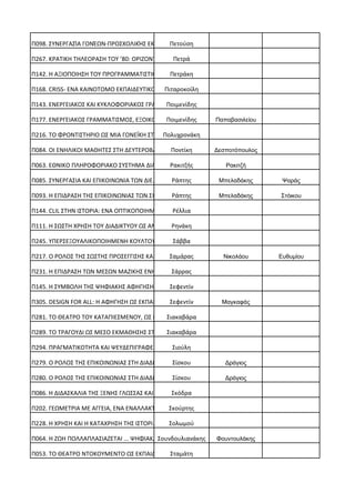 Π098. ΣΥΝΕΡΓΑΣΊΑ ΓΟΝΈΩΝ-ΠΡΟΣΧΟΛΙΚΉΣ ΕΚΠΑ… Πετούση
Π267. ΚΡΑΤΙΚΗ ΤΗΛΕΟΡΑΣΗ ΤΟΥ ’80: ΟΡΙΖΟΝΤ… Πετρά
Π142. Η ΑΞΙΟΠΟΙΗΣΗ ΤΟΥ ΠΡΟΓΡΑΜΜΑΤΙΣΤΙΚΟΥ… Πετράκη
Π168. CRISS- ΕΝΑ ΚΑΙΝΟΤΟΜΟ ΕΚΠΑΙΔΕΥΤΙΚΟ… Πιταροκοίλη
Π143. ΕΝΕΡΓΕΙΑΚΟΣ ΚΑΙ ΚΥΚΛΟΦΟΡΙΑΚΟΣ ΓΡΑΜ…Ποιμενίδης
Π177. ΕΝΕΡΓΕΙΑΚΟΣ ΓΡΑΜΜΑΤΙΣΜΟΣ, ΕΞΟΙΚΟΝΟ…Ποιμενίδης Παπαβασιλείου
Π216. ΤΟ ΦΡΟΝΤΙΣΤΗΡΙΟ ΩΣ ΜΙΑ ΓΟΝΕΪΚΗ ΣΤΡ… Πολυχρονάκη
Π084. ΟΙ ΕΝΗΛΙΚΟΙ ΜΑΘΗΤΕΣ ΣΤΗ ΔΕΥΤΕΡΟΒΑΘ… Ποντίκη Δεσποτόπουλος
Π063. ΕΘΝΙΚΟ ΠΛΗΡΟΦΟΡΙΑΚΟ ΣΥΣΤΗΜΑ ΔΙΑΧΕΙ… Ρακιτζής Ρακιτζή
Π085. ΣΥΝΕΡΓΑΣΙΑ ΚΑΙ ΕΠΙΚΟΙΝΩΝΙΑ ΤΩΝ ΔΙΕ… Ράπτης Μπελαδάκης Ψαράς
Π093. Η ΕΠΙΔΡΑΣΗ ΤΗΣ ΕΠΙΚΟΙΝΩΝΙΑΣ ΤΩΝ ΣΧ… Ράπτης Μπελαδάκης Στόικου
Π144. CLIL ΣΤΗΝ ΙΣΤΟΡΙΑ: ΕΝΑ ΟΠΤΙΚΟΠΟΙΗΜ… Ρέλλια
Π111. Η ΣΩΣΤΗ ΧΡΗΣΗ ΤΟΥ ΔΙΑΔΙΚΤΥΟΥ ΩΣ ΑΝ… Ρηνάκη
Π245. ΥΠΕΡΣΕΞΟΥΑΛΙΚΟΠΟΙΗΜΕΝΗ ΚΟΥΛΤΟΥΡΑ,… Σάββα
Π217. Ο ΡΟΛΟΣ ΤΗΣ ΣΩΣΤΗΣ ΠΡΟΣΕΓΓΙΣΗΣ ΚΑΙ… Σαμάρας Νικολάου Ευθυμίου
Π231. Η ΕΠΙΔΡΑΣΗ ΤΩΝ ΜΕΣΩΝ ΜΑΖΙΚΗΣ ΕΝΗΜΕ… Σάρρας
Π145. Η ΣΥΜΒΟΛΗ ΤΗΣ ΨΗΦΙΑΚΗΣ ΑΦΗΓΗΣΗΣ ΣΤ…Σεφεντίν
Π305. DESIGN FOR ALL: Η ΑΦΗΓΗΣΗ ΩΣ ΕΚΠΑΙ… Σεφεντίν Μαγκαφάς
Π281. ΤΟ ΘΕΑΤΡΟ ΤΟΥ ΚΑΤΑΠΙΕΣΜΕΝΟΥ, ΩΣ ΠΑ… Σιακαβάρα
Π289. ΤΟ ΤΡΑΓΟΥΔΙ ΩΣ ΜΕΣΟ ΕΚΜΑΘΗΣΗΣ ΣΤΗΝ…Σιακαβάρα
Π294. ΠΡΑΓΜΑΤΙΚΟΤΗΤΑ ΚΑΙ ΨΕΥΔΕΠΙΓΡΑΦΕΣ Ε… Σιούλη
Π279. Ο ΡΟΛΟΣ ΤΗΣ ΕΠΙΚΟΙΝΩΝΙΑΣ ΣΤΗ ΔΙΑΔΙ… Σίσκου Δράγιος
Π280. Ο ΡΟΛΟΣ ΤΗΣ ΕΠΙΚΟΙΝΩΝΙΑΣ ΣΤΗ ΔΙΑΔΙ… Σίσκου Δράγιος
Π086. Η ΔΙΔΑΣΚΑΛΙΑ ΤΗΣ ΞΕΝΗΣ ΓΛΩΣΣΑΣ ΚΑΙ… Σκόδρα
Π202. ΓΕΩΜΕΤΡΙΑ ΜΕ ΑΓΓΕΙΑ, ΕΝΑ ΕΝΑΛΛΑΚΤΙ… Σκούρτης
Π228. Η ΧΡΗΣΗ ΚΑΙ Η ΚΑΤΑΧΡΗΣΗ ΤΗΣ ΙΣΤΟΡΙ… Σολωμού
Π064. Η ΖΩΗ ΠΟΛΛΑΠΛΑΣΙΑΖΕΤΑΙ ... ΨΗΦΙΑΚΑ…Σουνδουλιανάκης Φουντουλάκης
Π053. ΤΟ ΘΕΑΤΡΟ ΝΤΟΚΟΥΜΕΝΤΟ ΩΣ ΕΚΠΑΙΔΕΥΤ…Σταμάτη
 