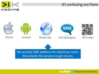 It’s confusing out there




iPhone      Android     Mobile Site   Text Messaging     QR Codes




         We provide ONE platform for maximum reach.
            We provide the services to get results.



                                                   follow @mobmarketing
 