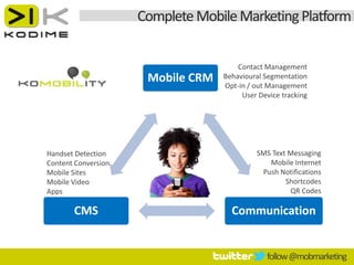 Complete Mobile Marketing Platform


                                       Contact Management
                      Mobile CRM   Behavioural Segmentation
                                   Opt-in / out Management
                                        User Device tracking




Handset Detection                           SMS Text Messaging
Content Conversion                             Mobile Internet
Mobile Sites                                 Push Notifications
Mobile Video                                        Shortcodes
Apps                                                 QR Codes

       CMS                           Communication


                                                follow @mobmarketing
 