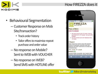 How FIREZZA does it


• Behavioural Segmentation
  – Customer Response on Mob
    Site/transaction?
     • Track order history
     • Tailor offers to maximise repeat
       purchase and order value
  – No response on Mobile?
    Sent to WEB with VOUCHER
  – No response on WEB?
    Send SMS with HOTLINE offer
                                               follow @mobmarketing
 