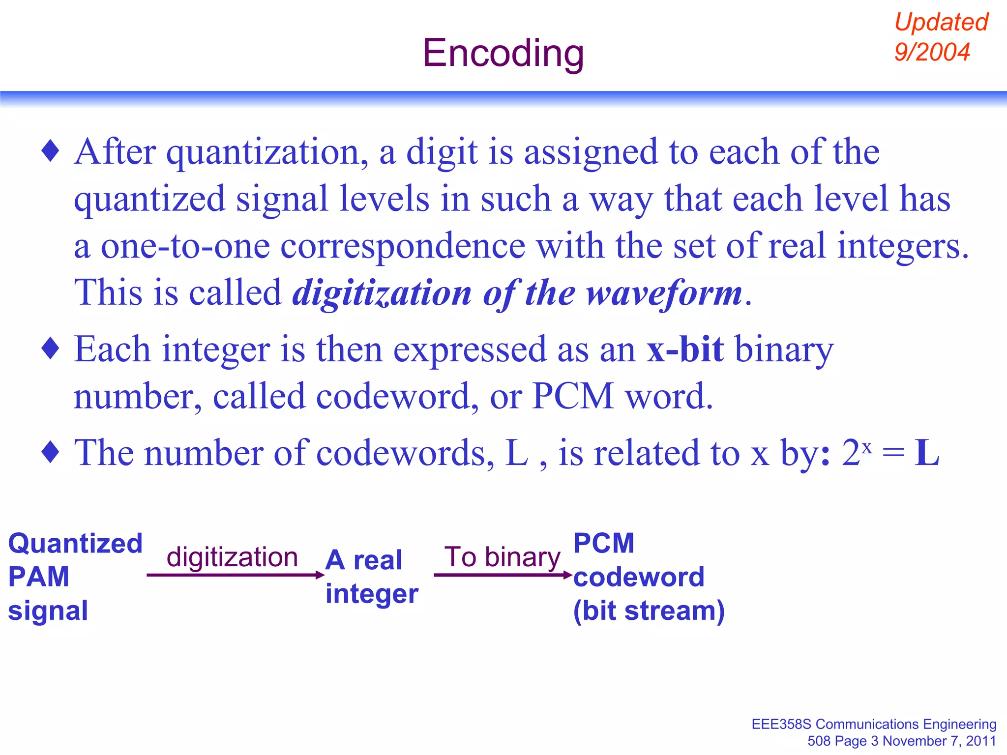 Encoding After quantization, a digit is assigned to each of the quantized signal levels in such a way that each level has a one-to-one correspondence with the set of real integers. This is called  digitization of the waveform . Each integer is then expressed as an  x-bit  binary number, called codeword, or PCM word. The number of codewords, L , is related to x by :  2 x  =  L Updated 9/2004 Quantized PAM signal A real integer PCM codeword (bit stream) digitization To binary 