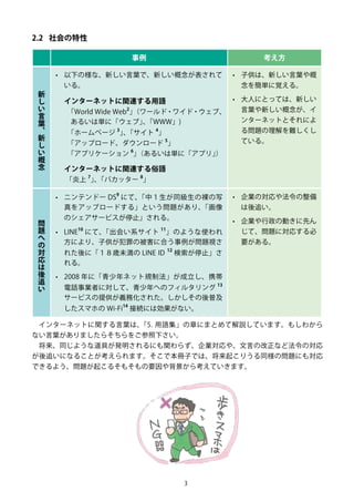 3
2.2	 社会の特性
事例 考え方
新
し
い
言
葉
、
新
し
い
概
念
•	 以下の様な、新しい言葉で、新しい概念が表されて
いる。
インターネットに関連する用語
「World Wide Web
2
」（ワールド・ワイド・ウェブ、
あるいは単に「ウェブ」、「WWW」)
「ホームページ
3
」、「サイト
4
」
「アップロード、ダウンロード
5
」
「アプリケーション
6
」（あるいは単に「アプリ」）
インターネットに関連する俗語
「炎上
7
」、「バカッター
8
」
•	 子供は、新しい言葉や概
念を簡単に覚える。
•	 大人にとっては、新しい
言葉や新しい概念が、イ
ンターネットとそれによ
る問題の理解を難しくし
ている。
問
題
へ
の
対
応
は
後
追
い
•	 ニンテンドー DS
9
にて、「中１生が同級生の裸の写
真をアップロードする」という問題があり、「画像
のシェアサービスが停止」される。
•	 LINE
10
にて、「出会い系サイト
11
」のような使われ
方により、子供が犯罪の被害に合う事例が問題視さ
れた後に「１８歳未満の LINE ID
12
検索が停止」さ
れる。
•	 2008 年に「青少年ネット規制法」が成立し、携帯
電話事業者に対して、青少年へのフィルタリング
13
  
サービスの提供が義務化された。しかしその後普及
したスマホの Wi-Fi
14
接続には効果がない。
•	 企業の対応や法令の整備
は後追い。
•	 企業や行政の動きに先ん
じて、問題に対応する必
要がある。
インターネットに関する言葉は、「5. 用語集」の章にまとめて解説しています。もしわから
ない言葉がありましたらそちらをご参照下さい。
将来、同じような道具が発明されるにも関わらず、企業対応や、文言の改正など法令の対応
が後追いになることが考えられます。そこで本冊子では、将来起こりうる同様の問題にも対応
できるよう、問題が起こるそもそもの要因や背景から考えていきます。
 