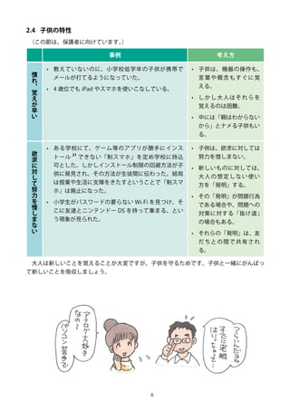 6
2.4	 子供の特性
（この節は、保護者に向けています。）
事例 考え方
慣
れ
、
覚
え
が
早
い
•	 教えていないのに、小学校低学年の子供が携帯で
メールが打てるようになっていた。
•	 4 歳位でも iPad やスマホを使いこなしている。
•	 子供は、機器の操作も、
言葉や概念もすぐに覚
える。
•	 しかし大人はそれらを
覚えるのは困難。
•	 中には「親はわからない
から」とナメる子供もい
る。
欲
求
に
対
し
て
努
力
を
惜
し
ま
な
い
•	 ある学校にて、ゲーム等のアプリが勝手にインス
トール
21
できない「制スマホ」を定め学校に持込
可とした。しかしインストール制限の回避方法が子
供に発見され、その方法が生徒間に伝わった。結局
は授業や生活に支障をきたすということで「制スマ
ホ」は廃止になった。
•	 小学生がパスワードの要らない Wi-Fi を見つけ、そ
こに友達とニンテンドー DS を持って集まる、とい
う現象が見られた。
•	 子供は、欲求に対しては
努力を惜しまない。
•	 新しいものに対しては、
大人の想定しない使い
方を「発明」する。
•	 その「発明」が問題行為
である場合や、問題への
対策に対する「抜け道」
の場合もある。
•	 それらの「発明」は、友
だちとの間で共有され
る。
大人は新しいことを覚えることが大変ですが、子供を守るためです。子供と一緒にがんばっ
て新しいことを吸収しましょう。
 