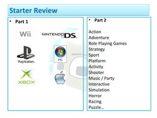 Starter ReviewStarter Review
• Part 1 • Part 2
Action
Adventure
Role Playing Games
Strategy
Sport
Platform
Activity
Shooter
Music / Party
Interactive
Simulation
Horror
Racing
Puzzle…
 