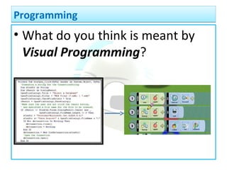 • What do you think is meant by
Visual Programming?
ProgrammingProgramming
 