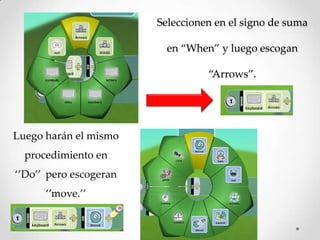 Seleccionen en el signo de suma
en ‚When‛ y luego escogan
‚Arrows‛.
Luego harán el mismo
procedimiento en
‘’Do’’ pero escogeran
‘’move.’’
 