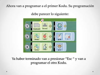 Ahora van a programar a el primer Kodu. Su programación
debe parecer lo siguiente:
Ya haber terminado van a presionar ‚Esc ‚ y van a
programar el otro Kodu.
 