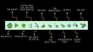 카메라 움직이기
오브젝트 만들기
(코두, 로버, 건물,
다양한 캐릭터 등)
패스 만들기
(길, 도로, 벽)
지형 만들기
지형
올리기 / 내리기
지형
평평하게 만들기
지형 불규칙적으로
만들기
물 채우기
오브젝트
지우기
게임 실행하기
메뉴 들어가기
월드 설정
 
