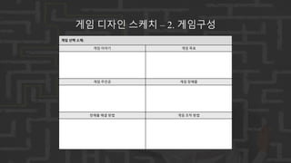 게임 선택 소재:
게임 이야기 게임 목표
게임 주인공 게임 장애물
장애물 해결 방법 게임 조작 방법
게임 디자인 스케치 – 2. 게임구성
 
