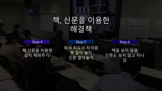 Step 4
책,신문을 이용한
상식 채워주기!
Step 5
독서 지도사 자격증
책 깔아 놓기
신문 깔아놓기
Step 6
책을 보지 않음
신문도 보지 않고 지나
감
책, 신문을 이용한
해결책
 