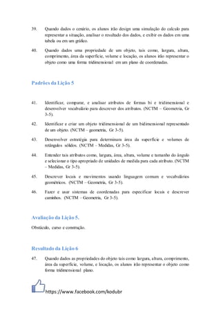 https://www.facebook.com/kodubr
39. Quando dados o cenário, os alunos irão design uma simulação do calculo para
representar a situação, analisar o resultado dos dados, e exibir os dados em uma
tabela ou em um gráfico.
40. Quando dados uma propriedade de um objeto, tais como, largura, altura,
comprimento, área da superfície, volume e locação, os alunos irão representar o
objeto como uma forma tridimensional em um plano de coordenadas.
Padrões da Lição 5
41. Identificar, comparar, e analisar atributos de formas bi e tridimensional e
desenvolver vocabulário para descrever dos atributos. (NCTM – Geometria, Gr
3-5).
42. Identificar e criar um objeto tridimensional de um bidimensional representado
de um objeto. (NCTM – geometria, Gr 3-5).
43. Desenvolver estratégia para determinara área da superfície e volumes de
retângulos sólidos. (NCTM – Medidas, Gr 3-5).
44. Entender tais atributos como, largura, área, altura, volume e tamanho do ângulo
e selecionar o tipo apropriado de unidades de medida para cada atributo. (NCTM
– Medidas, Gr 3-5).
45. Descrever locais e movimentos usando linguagem comum e vocabulários
geométricos. (NCTM – Geometria, Gr 3-5).
46. Fazer e usar sistemas de coordenadas para especificar locais e descrever
caminhos. (NCTM – Geometria, Gr 3-5).
Avaliação da Lição 5.
Obstáculo, curso e construção.
Resultado da Lição 6
47. Quando dados as propriedades do objeto tais como largura, altura, comprimento,
área da superfície, volume, e locação, os alunos irão representar o objeto como
forma tridimensional plano.
 