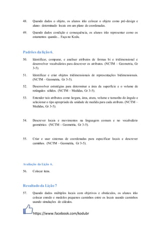 https://www.facebook.com/kodubr
48. Quando dados o objeto, os alunos irão colocar o objeto como pré-design e
aluno- determinado locais em um plano de coordenadas.
49. Quando dados condição e consequência, os alunos irão representar como os
estamentos quando... Faça no Kodu.
Padrões da lição 6.
50. Identificar, comparar, e analisar atributos de formas bi e tridimensional e
desenvolver vocabulários para descrever os atributos. (NCTM – Geometria, Gr
3-5).
51. Identificar e criar objetos tridimensionais de representações bidimensionais.
(NCTM – Geometria, Gr 3-5).
52. Desenvolver estratégias para determinar a área da superfície e o volume de
retângulos sólidos. (NCTM – Medidas, Gr 3-5).
53. Entender tais atributos como largura, área, atura, volume e tamanho do ângulo e
selecionar o tipo apropriado da unidade de medida para cada atributo. (NCTM –
Medidas, Gr 3-5).
54. Descrever locais e movimentos na linguagem comum e no vocabulário
geométrico. (NCTM – Geometria, Gr 3-5).
55. Criar e usar sistemas de coordenadas para especificar locais e descrever
caminhos. (NCTM – Geometria, Gr 3-5).
Avaliação da Lição 6.
56. Colocar itens.
Resultado da Lição 7
57. Quando dados múltiplos locais com objetivos e obstáculos, os alunos irão
colocar enredo e modelos pequenos caminhos entre os locais usando caminhos
usando simulações de cálculos.
 