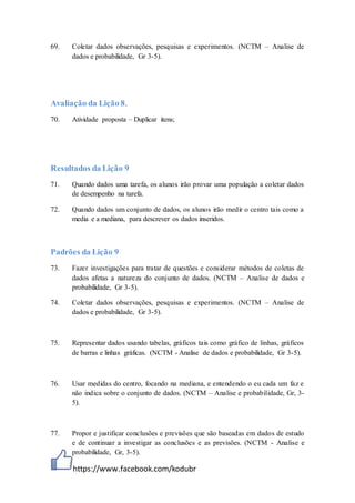 https://www.facebook.com/kodubr
69. Coletar dados observações, pesquisas e experimentos. (NCTM – Analise de
dados e probabilidade, Gr 3-5).
Avaliação da Lição 8.
70. Atividade proposta – Duplicar itens;
Resultados da Lição 9
71. Quando dados uma tarefa, os alunos irão provar uma população a coletar dados
de desempenho na tarefa.
72. Quando dados um conjunto de dados, os alunos irão medir o centro tais como a
media e a mediana, para descrever os dados inseridos.
Padrões da Lição 9
73. Fazer investigações para tratar de questões e considerar métodos de coletas de
dados afetas a natureza do conjunto de dados. (NCTM – Analise de dados e
probabilidade, Gr 3-5).
74. Coletar dados observações, pesquisas e experimentos. (NCTM – Analise de
dados e probabilidade, Gr 3-5).
75. Representar dados usando tabelas, gráficos tais como gráfico de linhas, gráficos
de barras e linhas gráficas. (NCTM - Analise de dados e probabilidade, Gr 3-5).
76. Usar medidas do centro, focando na mediana, e entendendo o eu cada um faz e
não indica sobre o conjunto de dados. (NCTM – Analise e probabilidade, Gr, 3-
5).
77. Propor e justificar conclusões e previsões que são baseadas em dados de estudo
e de continuar a investigar as conclusões e as previsões. (NCTM - Analise e
probabilidade, Gr, 3-5).
 