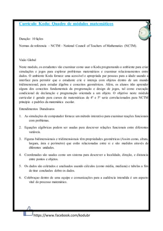 https://www.facebook.com/kodubr
Currículo Kodu: Quadro de módulos matemáticos
Duração: 10 lições
Normas de referencia – NCTM – National Council of Teachers of Mathematics (NCTM).
Visão Global
Neste modulo, os estudantes vão examinar como usar o Kodu programando o ambiente para criar
simulações e jogos para explorar problemas matemáticos e examinar relacionamentos entre
dados. O ambiente Kodu fornece uma acessível e apropriada par pessoas para a idade usando a
interface para permitir que o estudante crie e interaja com objetos dentro de um mundo
tridimensional, para estudar álgebra e conceitos geométricos. Além, os alunos irão aprender
alguns dos conceitos fundamentais da programação e design de jogos, tal como execução
condicional de declaração e programação orientada a um objeto. O objetivo neste módulo
curricular é gerado para cursos de matemáticas de 4º e 5º serie correlacionados para NCTM
principio e padrões da matemática escolar.
Entendimentos Duradouros
1. As simulações de computador fornece um método interativo para examinar reações funcionais
com problemas.
2. Equações algébricas podem ser usadas para descrever relações funcionais entre diferentes
variáveis.
3. Figuras bidimensionais e tridimensionais têm propriedades geométricas (Assim como, altura,
largura, área e perímetro) que estão relacionadas entre si e são medidos através de
diferentes unidades.
4. Coordenadas são usadas como um sistema para descrever a localidade, direção, e distancia
entre pontos e objetos.
5. Os dados são coletados e analisados usando cálculos (como média, mediana) e tabelas a fim
de tirar conclusões dobre os dados.
6. Colobraçao dentro de uma equipe e comunicações para a audiência intendida é um aspecto
vital do processo matemático.
 