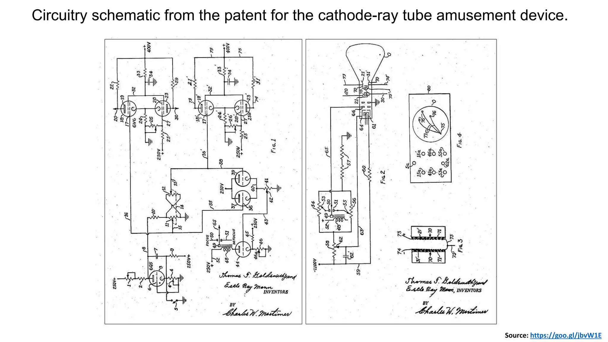 Circuitry schematic from the patent for the cathode-ray tube amusement device.
Source: https://goo.gl/jbvW1E
 