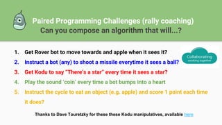 Paired Programming Challenges (rally coaching)
Can you compose an algorithm that will...?
1. Get Rover bot to move towards and apple when it sees it?
2. Instruct a bot (any) to shoot a missile everytime it sees a ball?
3. Get Kodu to say “There’s a star” every time it sees a star?
4. Play the sound ‘coin’ every time a bot bumps into a heart
5. Instruct the cycle to eat an object (e.g. apple) and score 1 point each time
it does?
Thanks to Dave Touretzky for these these Kodu manipulatives, available here
 