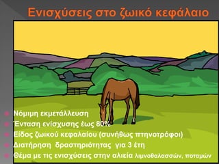  Νόμιμη εκμετάλλευση
 Ένταση ενίσχυσης έως 80%
 Είδος ζωικού κεφαλαίου (συνήθως πτηνοτρόφοι)
 Διατήρηση δραστηριότητας για 3 έτη
 Θέμα με τις ενισχύσεις στην αλιεία λιμνοθαλασσών, ποταμών
 