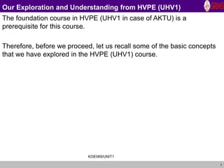 3
Our Exploration and Understanding from HVPE (UHV1)
The foundation course in HVPE (UHV1 in case of AKTU) is a
prerequisite for this course.
Therefore, before we proceed, let us recall some of the basic concepts
that we have explored in the HVPE (UHV1) course.
KOE069/UNIT1
 