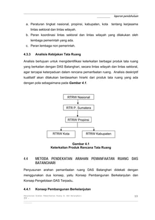 _____________________________________________________________
                                       _______ laporan pendahuluan

  a. Peraturan tingkat nasional, propinsi, kabupaten, kota                                   tentang kerjasama
        lintas sektoral dan lintas wilayah.
  b. Peran koordinasi lintas sektoral dan lintas wilayah yang dilakukan oleh
        lembaga pemerintah yang ada.
  c. Peran lembaga non pemerintah.

4.3.3       Analisis Kebijakan Tata Ruang

Analisis bertujuan untuk mengidentifikasi keterkaitan berbagai produk tata ruang
yang berkaitan dengan DAS Batanghari, secara lintas wilayah dan lintas sektoral,
agar tercapai keterpaduan dalam rencana pemanfaatan ruang. Analisis deskriptif
kualitatif akan dilakukan berdasarkan hirarki dari produk tata ruang yang ada
dengan pola sebagaimana pada Gambar 4.1.



                                              RTRW Nasional


                                             RTR P. Sumatera


                                              RTRW Propinsi



                               RTRW Kota                          RTRW Kabupaten


                                          Gambar 4.1
                            Keterkaitan Produk Rencana Tata Ruang


4.4         METODA PENDEKATAN ARAHAN PEMANFAATAN RUANG DAS
            BATANGHARI
Penyusunan arahan pemanfaatan ruang DAS Batanghari didekati dengan
menggunakan dua konsep, yaitu Konsep Pembangunan Berkelanjutan dan
Konsep Pengelolaan DAS Terpadu.

4.4.1       Konsep Pembangunan Berkelanjutan
Penyusunan Arahan Pemanfaatan Ruang Di DAS Batanghari                                                                 13
IV -
__________________________________________________________________________________________________________________________
_________
 
