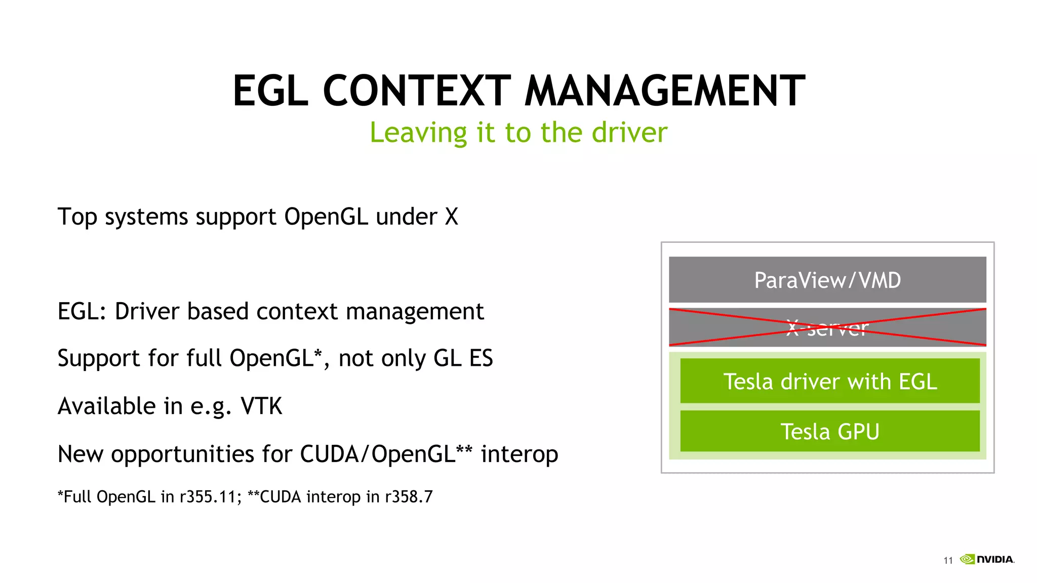 11
EGL CONTEXT MANAGEMENT
Top systems support OpenGL under X
EGL: Driver based context management
Support for full OpenGL*, not only GL ES
Available in e.g. VTK
New opportunities for CUDA/OpenGL** interop
*Full OpenGL in r355.11; **CUDA interop in r358.7
Leaving it to the driver
Tesla GPU
Tesla driver with EGL
ParaView/VMD
X-server
 