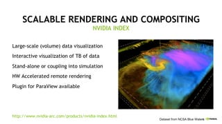 12
SCALABLE RENDERING AND COMPOSITING
Large-scale (volume) data visualization
Interactive visualization of TB of data
Stand-alone or coupling into simulation
HW Accelerated remote rendering
Plugin for ParaView available
http://www.nvidia-arc.com/products/nvidia-index.html
NVIDIA INDEX
Dataset from NCSA Blue Waters
 