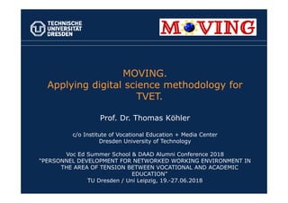 MOVING.
Applying digital science methodology for
TVET.
Prof. Dr. Thomas Köhler
c/o Institute of Vocational Education + Media Center
Dresden University of Technology
Voc Ed Summer School & DAAD Alumni Conference 2018
“PERSONNEL DEVELOPMENT FOR NETWORKED WORKING ENVIRONMENT IN
THE AREA OF TENSION BETWEEN VOCATIONAL AND ACADEMIC
EDUCATION”
TU Dresden / Uni Leipzig, 19.-27.06.2018
 