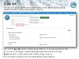 이미 알고 있는 정보를 이용하여 저자/기사명/저널명 등 키워드 입력 후, 검색대상 필드를
지정하여 보다 빠르고 정확한 검색을 실행할 수 있습니다.
• 키워드 입력 후 “필드 선택” 메뉴에서 검색대상 필드를 선택합니다. (각 검색식을 AND/OR/NOT 조합)
(필드 미 선택 시, 기본 검색필드-기사명/저자명/저널명/주제어/키워드/초록 에서 검색 실행)
• “행 추가” 버튼 클릭 시, 검색어 입력창 및 필드 선택창을 추가할 수 있습니다.
• 하단의 검색 제한자 및 확장자 선택 후, 검색 버튼을 클릭하여 검색을 수행합니다.
3. 고급 검색
 