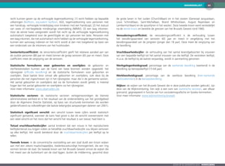 44WOORDENLIJST
Zoom op de gemeenten 2016  KOEKELBERG
recht kunnen geven op de verhoogde tegemoetkoming: (1) recht hebben op bepaalde
uitkeringen (leefloon, equivalent leefloon, IGO, tegemoetkoming voor personen met
een handicap, verhoogde kinderbijslag voor kinderen met een handicap); (2) het statuut
van wees of niet-begeleide minderjarige vreemdeling (NBMV); (3) een laag inkomen.
Voor de eerste twee categorieën wordt het recht op de verhoogde tegemoetkoming
automatisch toegekend voor de gerechtigde en zijn personen ten laste. Personen met
een laag inkomen, die niet automatisch recht hebben op de verhoogde tegemoetkoming,
kunnen een aanvraag indienen en het recht wordt al dan niet toegekend op basis van
een onderzoek van de inkomens van het huishouden.
Senioriteitscoëfficiënt: de senioriteitscoëfficiënt geeft het relatieve aandeel aan van
de oudste personen (80 jaar en meer) binnen de groep senioren (65 jaar en meer). Deze
coëfficiënt meet de vergrijzing van de senioren.
Statistische formulieren voor geboorten en overlijden: de geboorte- en
sterftestatistieken kunnen aan de hand van twee bronnen worden opgesteld: het
rijksregister (officiële bevolking) en de statistische formulieren voor geboorten en
overlijden. Deze laatste bron omvat alle geboorten en overlijdens, ook deze bij de
personen die niet ingeschreven zijn in het rijksregister, maar die in de gemeente wonen.
Het aantal geboorten en overlijdens dat via de formulieren wordt geteld, is meestal
hoger dan het aantal geboorten en overlijdens via het rijksregister.
Voor meer informatie: www.observatbru.be
Statistische sectoren: de statistische sectoren vertegenwoordigen de kleinste
administratieve eenheid en is het resultaat van de onderverdeling van het grondgebied
door de Algemene Directie Statistiek, op basis van structurele kenmerken die worden
geïdentificeerd via volkstellingen (de laatste belangrijke aanpassingen dateren van 2001).
Statistisch significant verschil: een verschil tussen twee cijfers wordt statistisch
significant genoemd, wanneer de kans heel groot is dat dit verschil overeenstemt met
een reëel verschil en het risico dat het verschil het resultaat is van toeval, heel klein is.
Totaal vruchtbaarheidscijfer: aantal kinderen dat een vrouw in het reproductieve
leeftijdsinterval zou krijgen indien ze hetzelfde vruchtbaarheidscijfer zou blijven vertonen
op elke leeftijd. Het wordt berekend door de vruchtbaarheidscijfers per leeftijd op te
tellen.
Tweede kroon: in de concentrische voorstelling van een stad duidt een kroon wijken
aan met een zekere maatschappelijke, stedenbouwkundige homogeniteit, die een ring
vormen binnen de stad. De tweede kroon van het Brussels Gewest omvat de wijken die
het meest aan de buitenkant van de stad liggen, buiten de middenring, gevormd door
de grote lanen in het zuiden (Churchilllaan) en in het oosten (Generaal Jacqueslaan,
Louis Schmidtlaan, Saint-Michellaan, Brand Whitlocklaan, August Reyerslaan en
Lambermontlaan) en de spoorlijnen in het westen. Deze tweede kroon werd verstedelijkt
na de eerste kroon en bereikte de grenzen van het Brussels Gewest rond 1960.
Verouderingscoëfficiënt: de verouderingscoëfficiënt is de verhouding tussen
het bevolkingsaandeel van senioren (65 jaar en meer) in vergelijking met het
bevolkingsaandeel van de jongsten (jonger dan 18 jaar). Deze meet de vergrijzing van
de bevolking.
Vruchtbaarheidscijfer: de verhouding van het aantal levendgeboorten bij vrouwen
van een bepaalde leeftijd tot het aantal vrouwen van die leeftijd. De verstreken leeftijd,
m.a.w. de leeftijd bij de laatste verjaardag, wordt in aanmerking genomen.
Werkgelegenheidsgraad: percentage van de werkende bevolking (werkend) in de
bevolking op beroepsleeftijd (15-64 jaar).
Werkloosheidsgraad: percentage van de werkloze bevolking (niet-werkende
werkzoekenden) in de beroepsbevolking.
Wijken: de wijken van het Brussels Gewest die in deze publicatie worden gebruikt, zijn
deze van de Wijkmonitoring. Een wijk is een som van statistische sectoren, aan elkaar
grenzend, gegroepeerd in functie van hun sociodemografische en fysieke kenmerken.
Voor meer informatie: www.wijkmonitoring.brussels
 