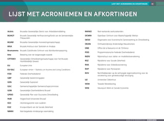 45LIJST MET ACRONIEMEN EN AFKORTINGEN
Zoom op de gemeenten 2016  KOEKELBERG
Lijst met acroniemen en afkortingen
Actiris	 Brusselse Gewestelijke Dienst voor Arbeidsbemiddeling
BGHGT	 Brussels Gewestelijk Herfinancieringsfonds van de Gemeentelijke
Thesaurieën
BGHM	 Brusselse Gewestelijke Huisvestingsmaatschappij
BISA	 Brussels Instituut voor Statistiek en Analyse
Brumammo	 Brussels Coördinatie Centrum voor Borstkankeropsporing
btw	 Belasting over de toegevoegde waarde
CITYDEV	Gewestelijke Ontwikkelingsmaatschappij voor het Brussels
Hoofdstedelijk Gewest
EU	Europese Unie
EU-SILC	European Union – Statistics on Income and Living Conditions
FOD	 Federale Overheidsdienst
GBP	Gewestelijk bestemmingsplan
GEN	Gewestelijk Expresnet
GGC	Gemeenschappelijke Gemeenschapscommissie
GOB	Gewestelijke Overheidsdienst Brussel
GPDO	Gewestelijk Plan voor Duurzame Ontwikkeling
HUB	 Hogeschool‑Universiteit Brussel
IGO	 nkomensgarantie voor ouderen
KSZ	 Kruispuntbank van de Sociale Zekerheid
NBMV	Niet-begeleide minderjarige vreemdeling
NWWZ	Niet-werkende werkzoekenden
OCMW	Openbaar Centrum voor Maatschappelijk Welzijn
OESO	Organisatie voor Economische Samenwerking en Ontwikkeling
OKAN	Onthaalonderwijs Anderstalige Nieuwkomers
ONE	Office de la Naissance et de l’Enfance
POD	Programmatorische Federale Overheidsdienst
RIZIV	 Rijksinstituut voor ziekte- en invaliditeitsverzekering
RSZ	 Rijksdienst voor Sociale Zekerheid
RVA	 Rijksdienst voor Arbeidsvoorziening
RVP	 Rijksdienst voor Pensioenen
RVV	 Rechthebbenden op de verhoogde tegemoetkoming voor de
verzekering voor geneeskundige verzorging
UZ	 Universitair Ziekenhuis
WOII	Tweede Wereldoorlog
WSE	 Steunpunt Werk en Sociale Economie
 
