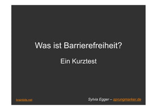 Was ist Barrierefreiheit?
                       Ein Kurztest




brainbits.net                   Sylvia Egger – sprungmarker.de
 