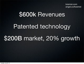 $600k Revenues
Patented technology
$200B market, 20% growth
angel.co/koemei
koemei.com
Tuesday, July 23, 13
 